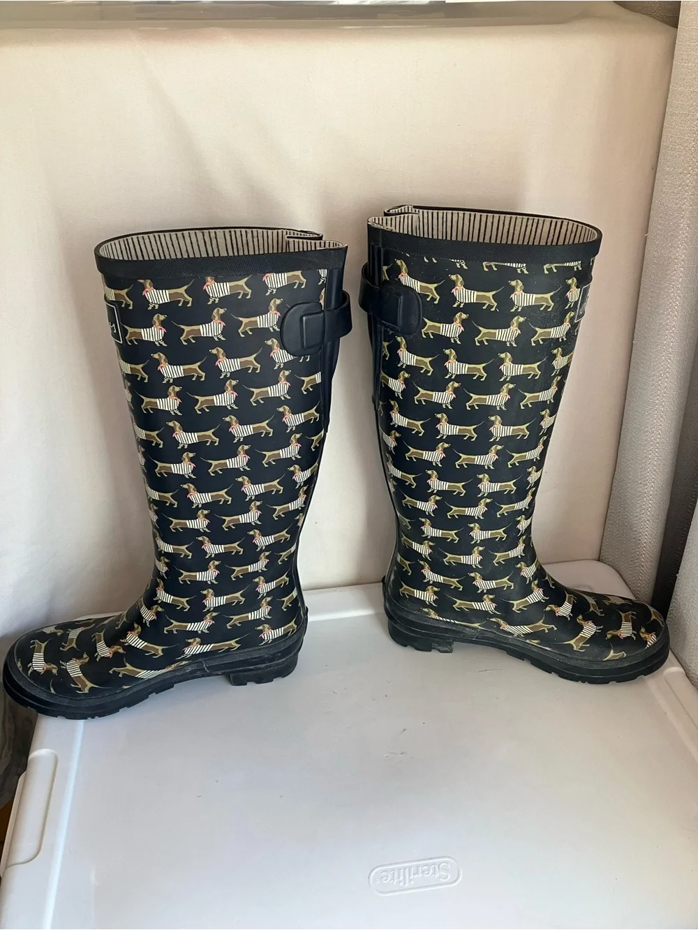 Joules Black tan Dachshund Weiner Dog Print Tall Rain Boots Wellies women’s 7